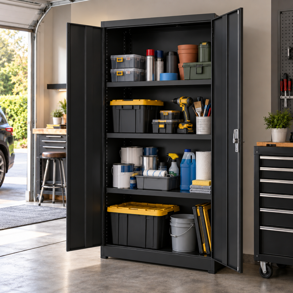 Illustrative garage lifestyle image for Husky 36-inch freestanding garage cabinet
