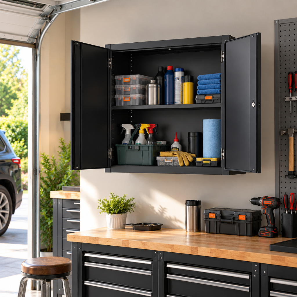 Illustrative garage lifestyle image for Husky wall-mounted garage cabinet