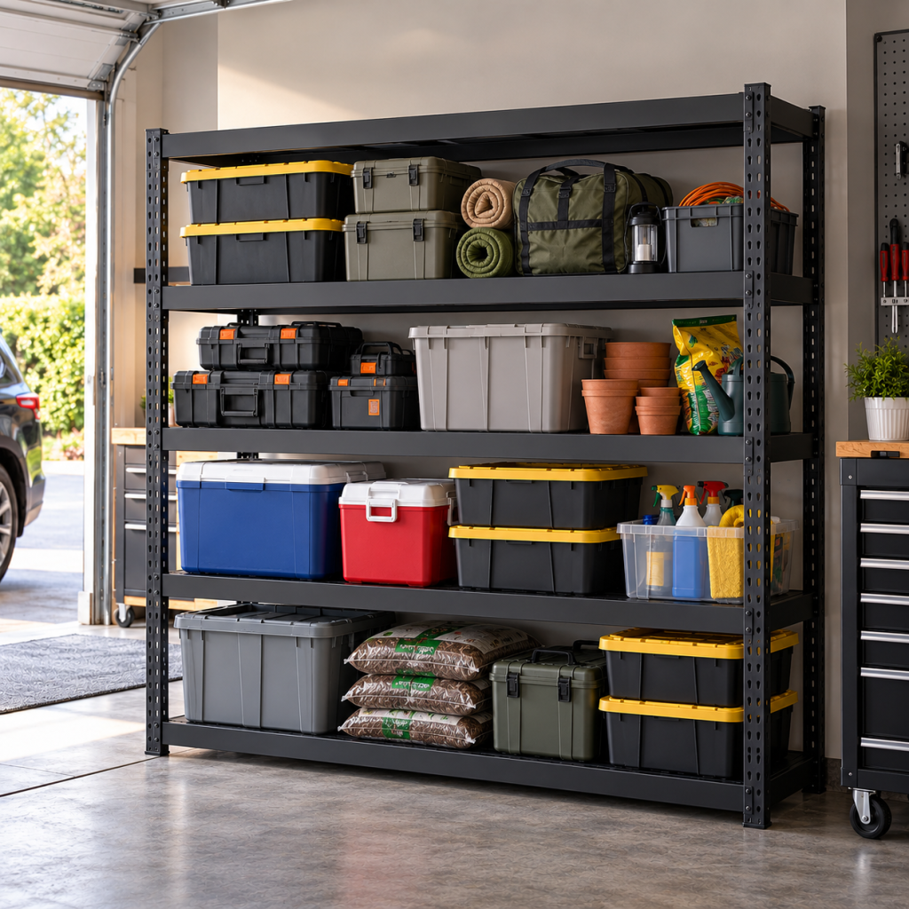 Illustrative garage lifestyle image for Gladiator 77-inch industrial shelving