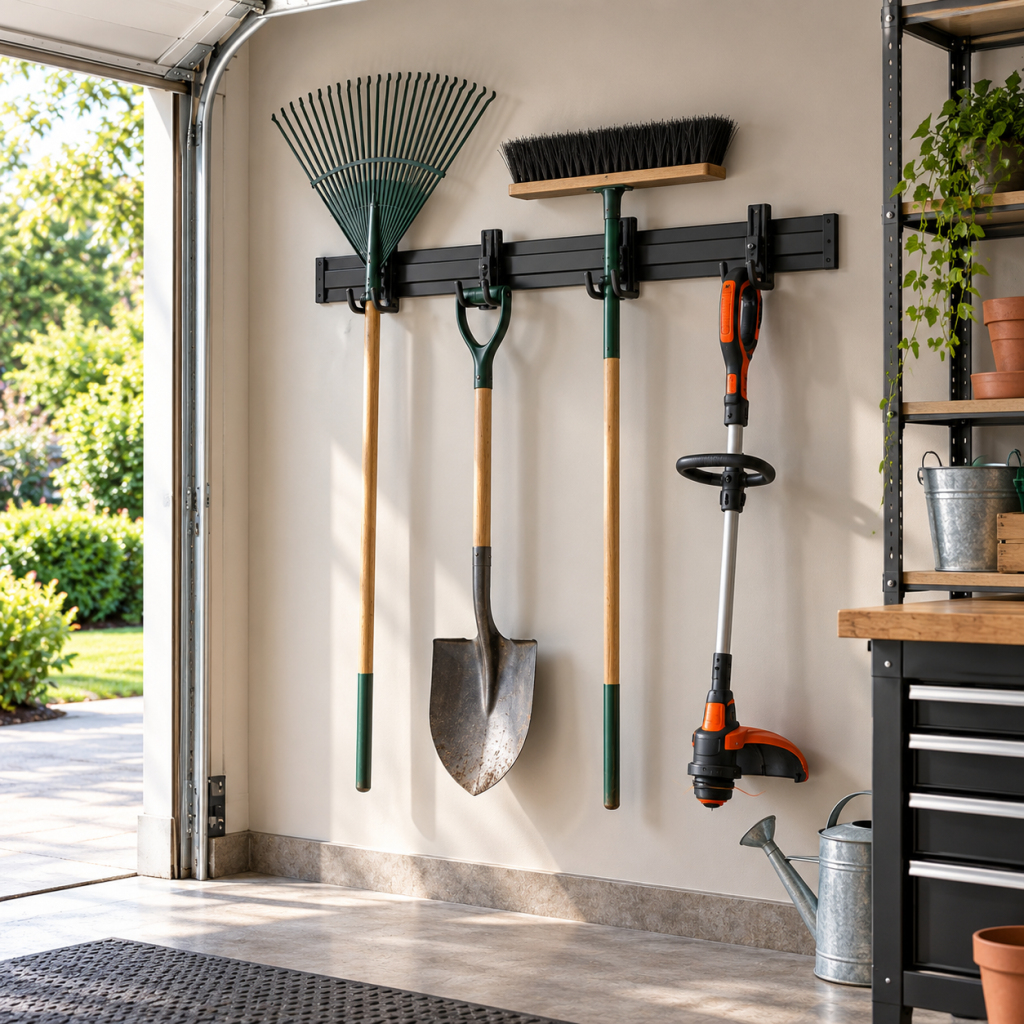 Illustrative garage lifestyle image for Gladiator 48-inch lawn and garden wall storage kit