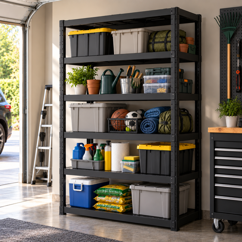 Illustrative garage lifestyle image for HDX 5-tier modular garage shelving