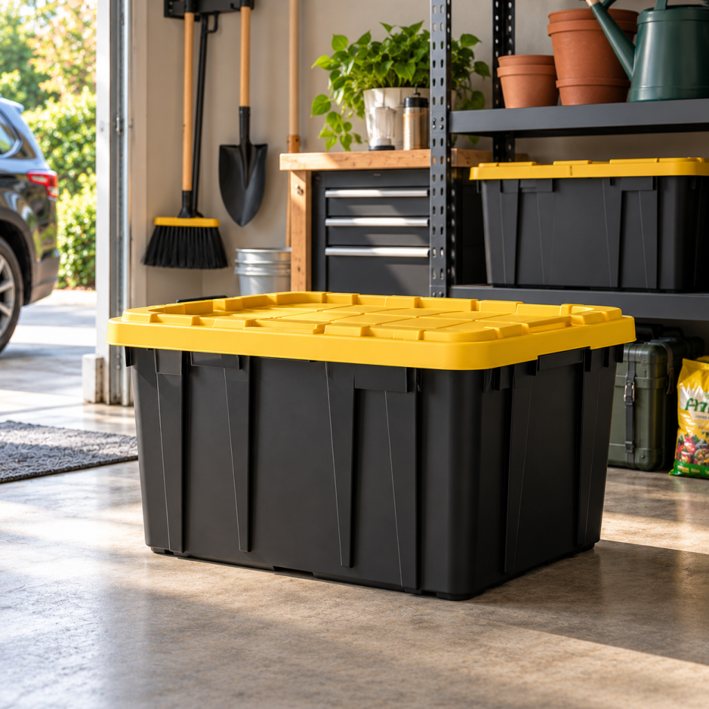 Illustrative garage lifestyle image for HDX 27-gallon tough storage tote